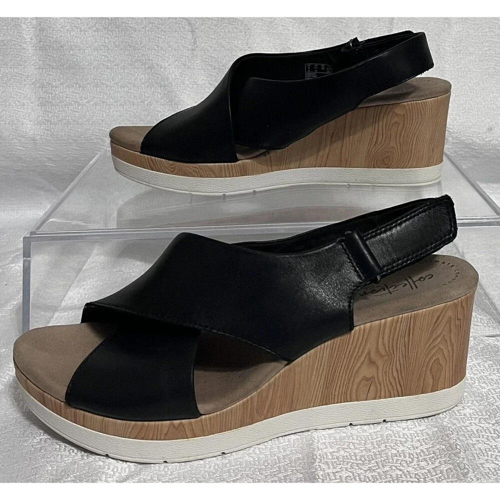 Clarks Cammy Pearl Leather Cross Strap Wedge Sandal Womens 7.5 Black Summer Boho